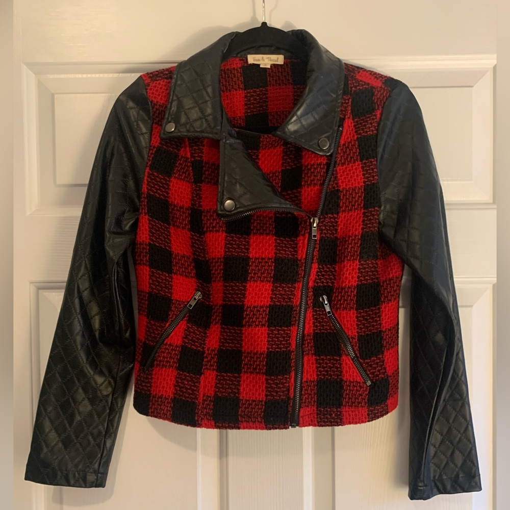 Hem & Thread Buffalo Plaid Checkered Moto Jacket with Faux Leather Sleeves